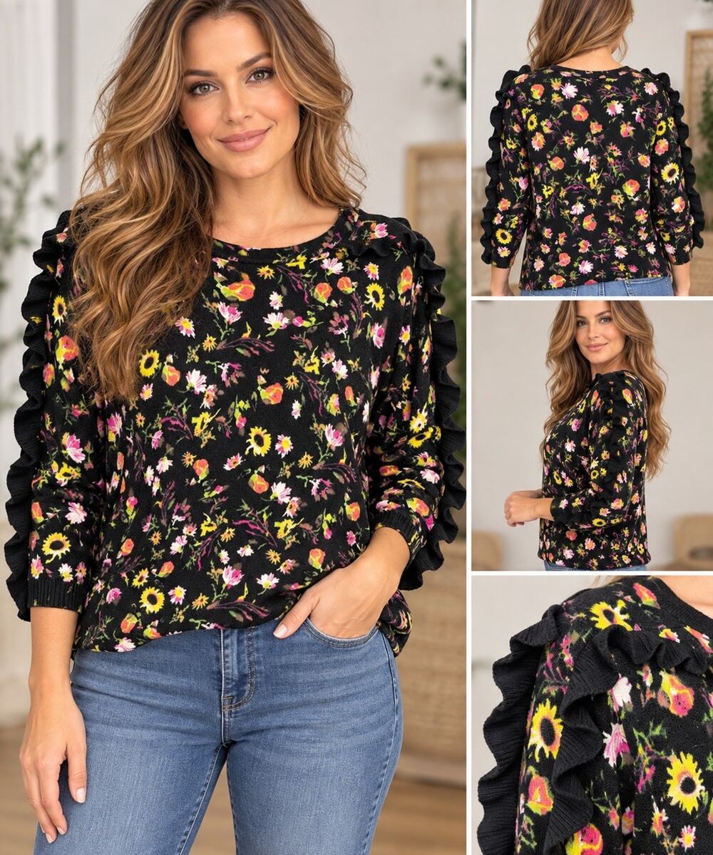 Philosophy Republic Clothing Sweater M Blk Floral Ruffle Sleeve Lightweight Knit
